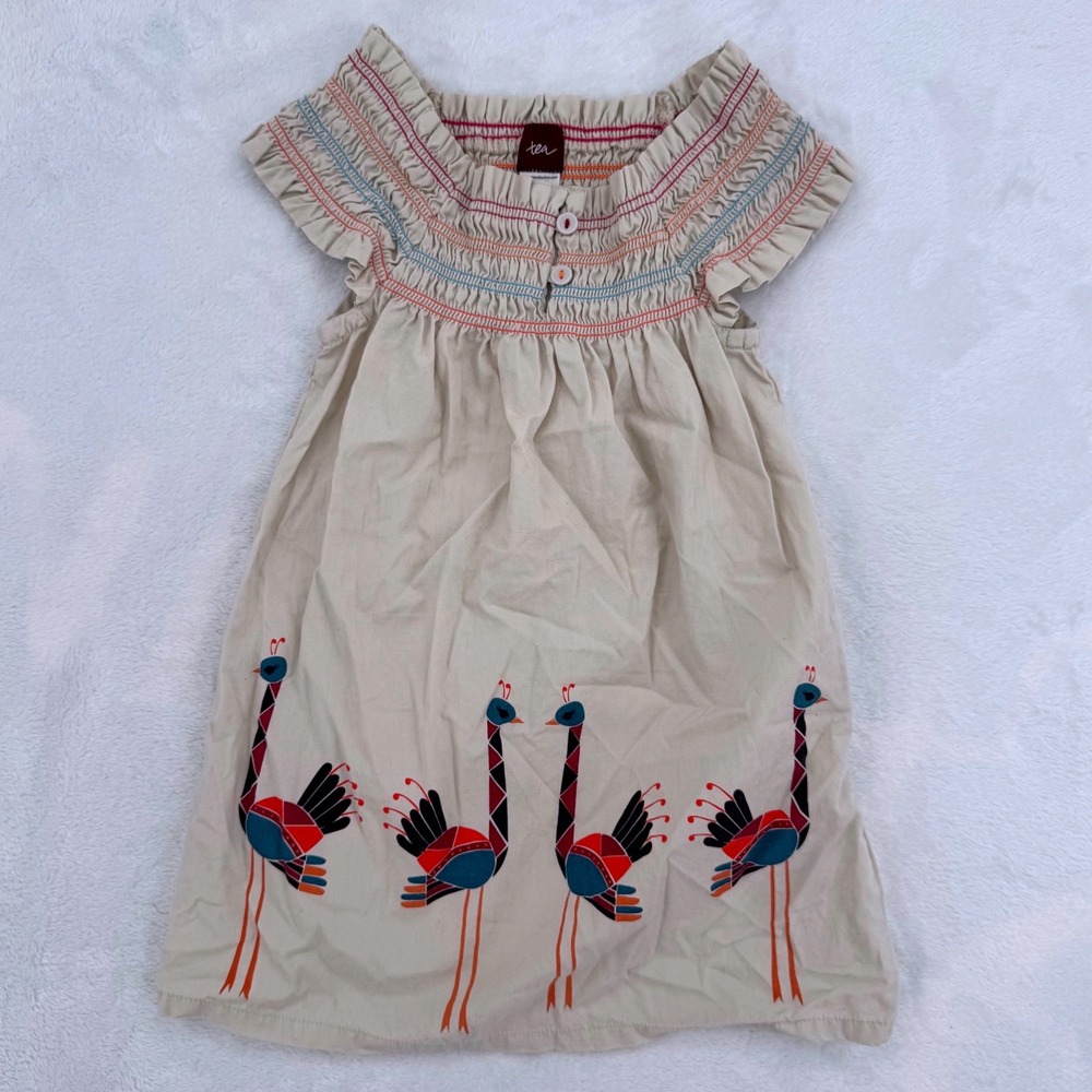 Tea Collection Girls Tan Smocked Bird Graphic Cotton Dress Size 2 Toddler Boho